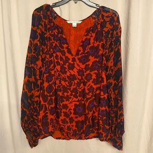Diane von Furstenberg Hathaway Floral Silk Blouse, Size L Color Red/Purple/Black